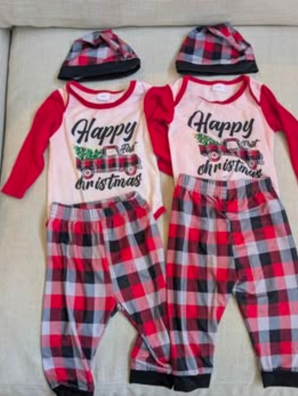 Twin Baby Red Plaid 'Happy Christmas' Pajama Set with Hat 3-6 M